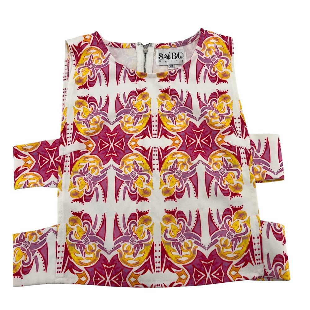 Sabo Skirt Womens XS Pink Orange Abstract Print Side Cutout Zipper‎ Crop Top